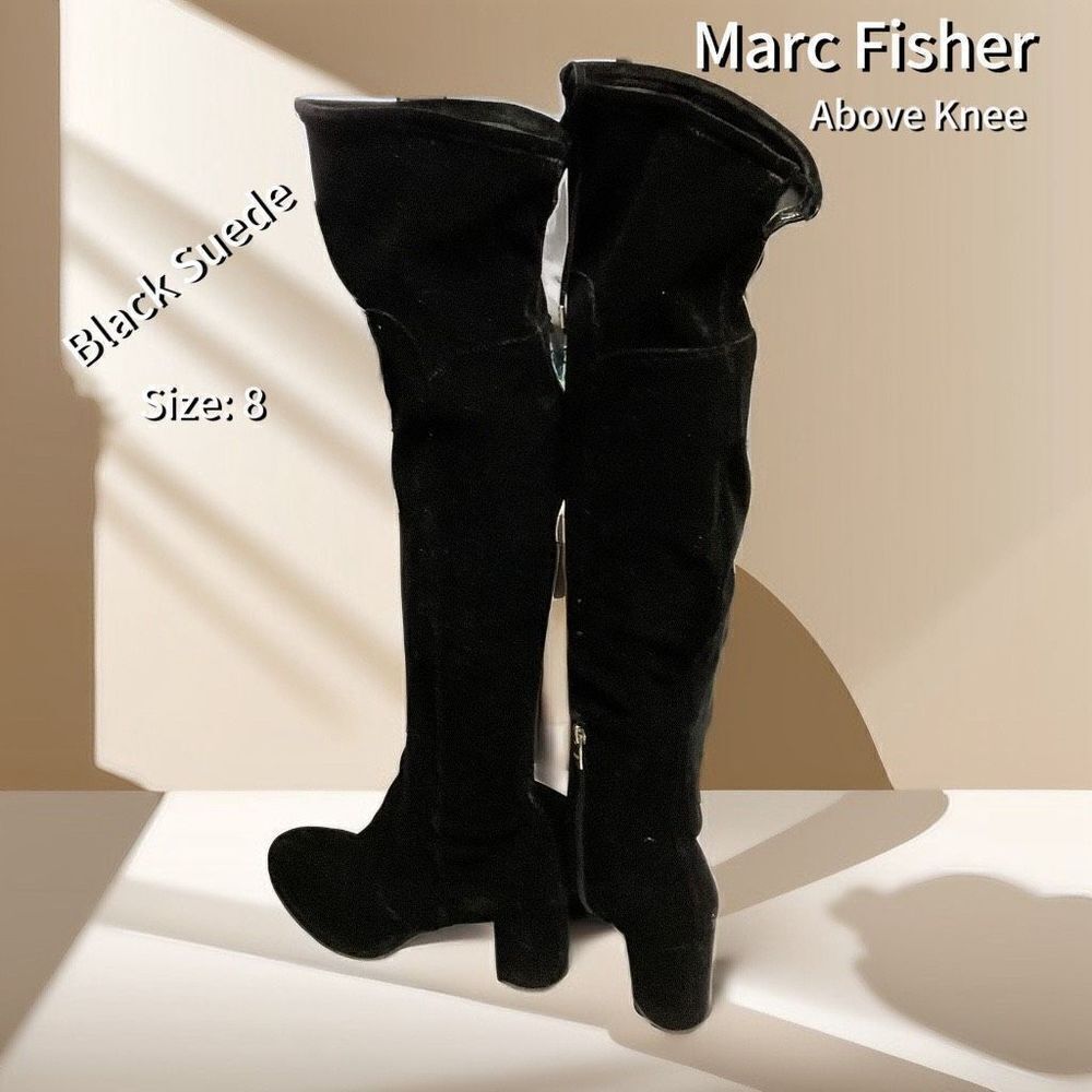 Marc Fisher Black Velvety Suede NWOT Above Knee Boots Size 8